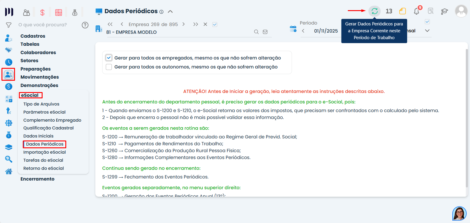Tela de Dados Periódicos no Sistema Contábil Makro com opção gerar para todos os empregados após alteração de Classificação tributária.