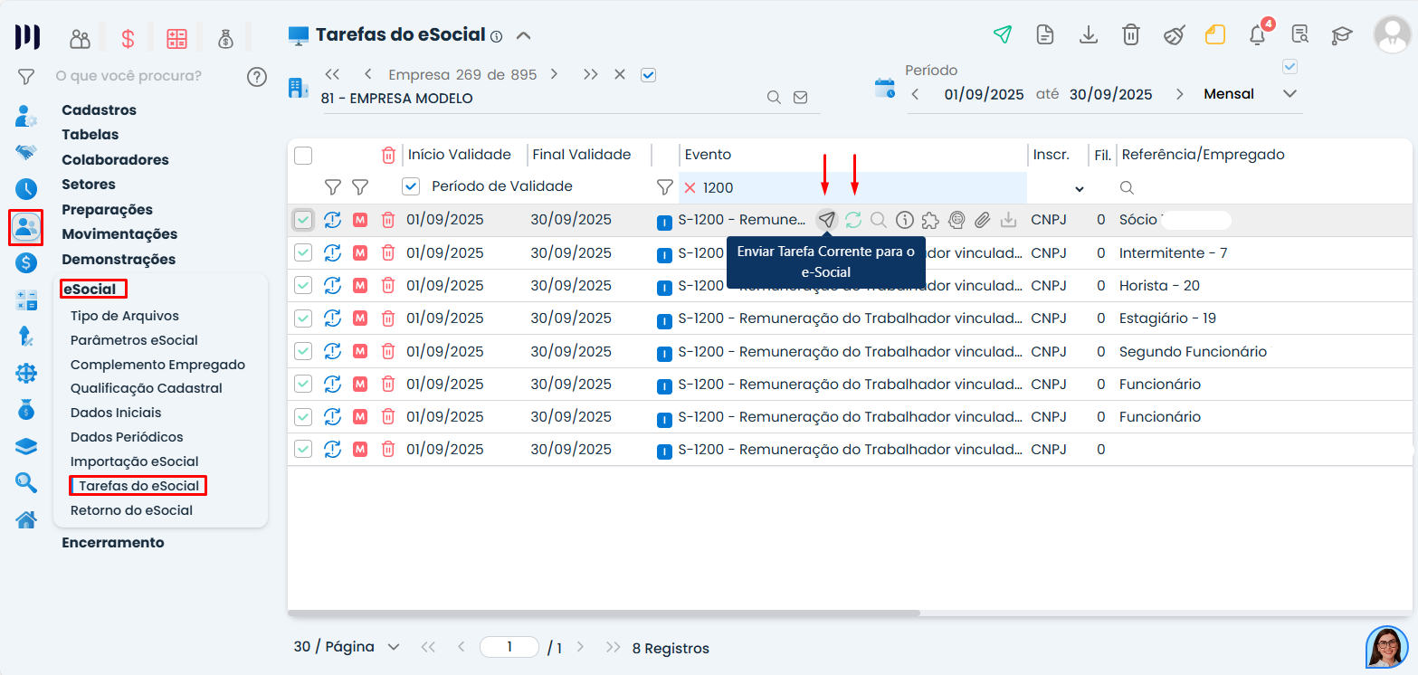 Tela de Tarefas do eSocial no Sistema Contábil Makro exibindo envio do evento S-1200 após mudança na Classificação tributária.
