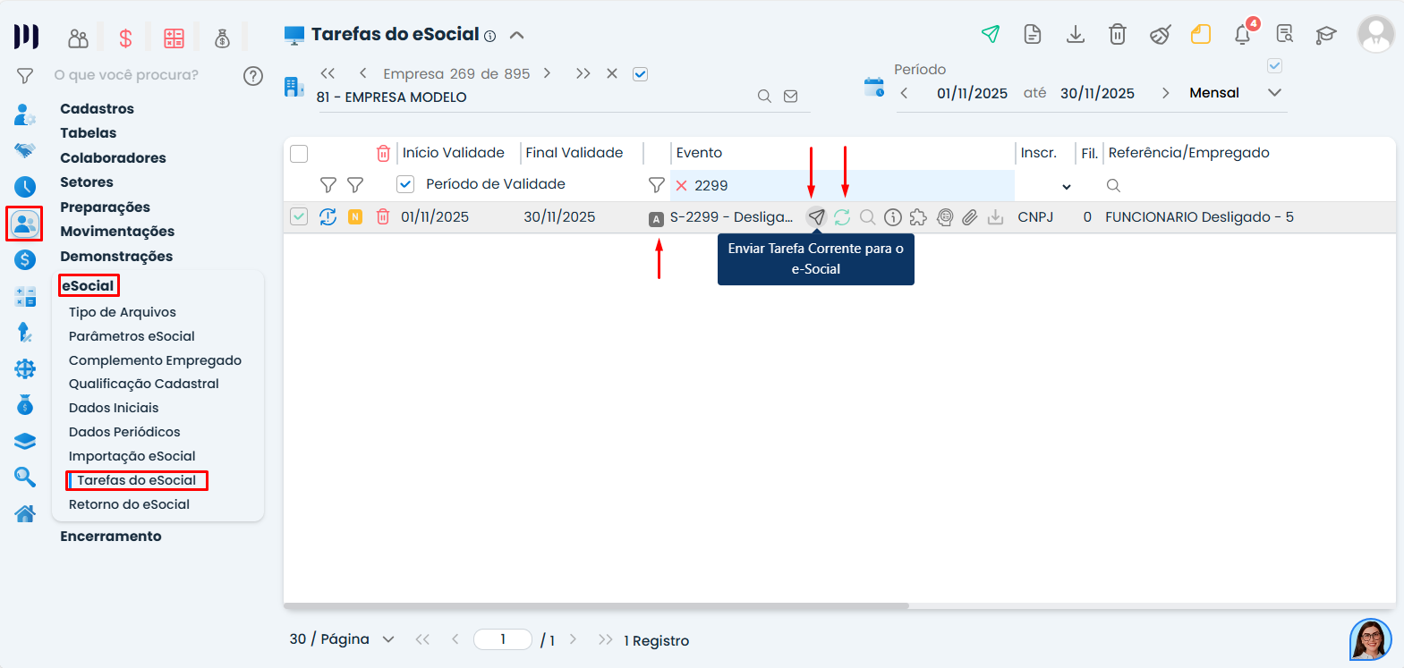 Tela do evento S-2299 no Sistema Contábil Makro em Tarefas do eSocial após ajuste de Classificação tributária da empresa.
