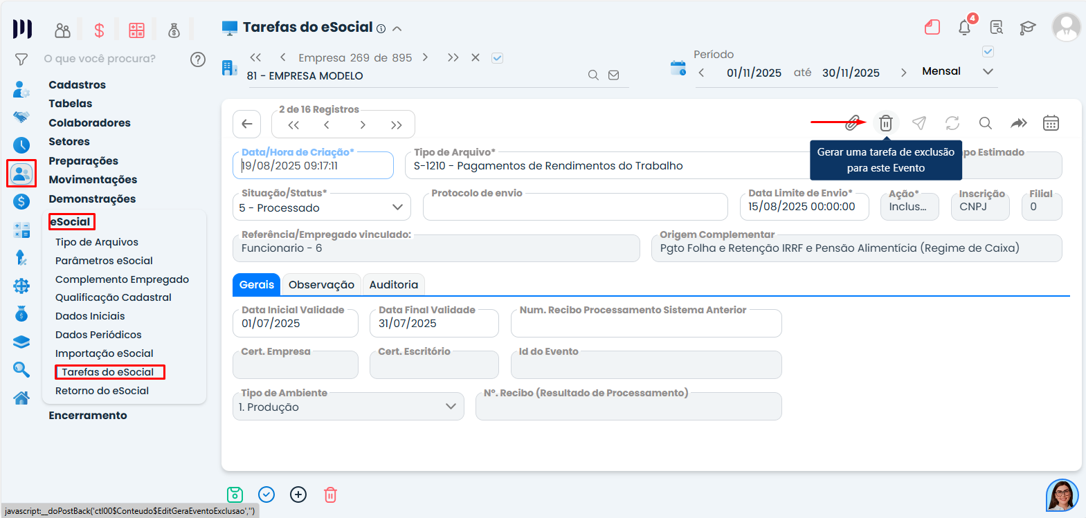Detalhe da exclusão do evento S-1210 no Sistema Contábil Makro para corrigir erro após alteração de Classificação tributária.