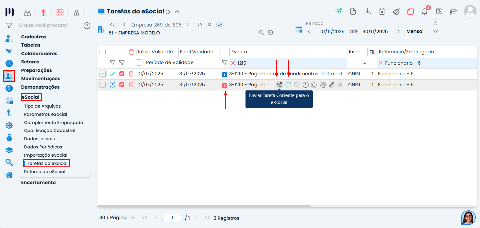 Lista de eventos S-1210 no Sistema Contábil Makro com reenvio após ajuste de Classificação tributária no período.