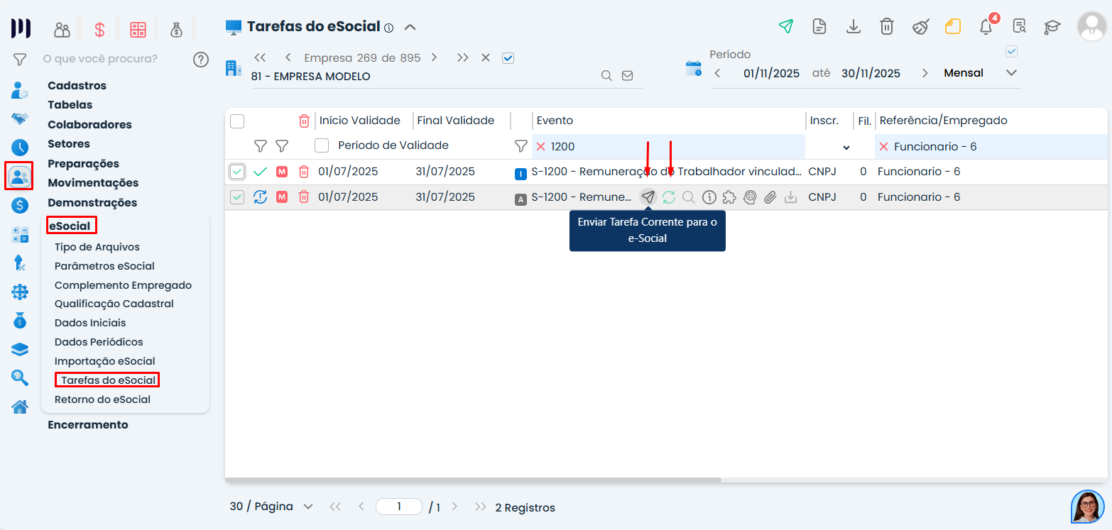 Tela do evento S-1200 no Sistema Contábil Makro em tarefas do eSocial após alteração de Classificação tributária.