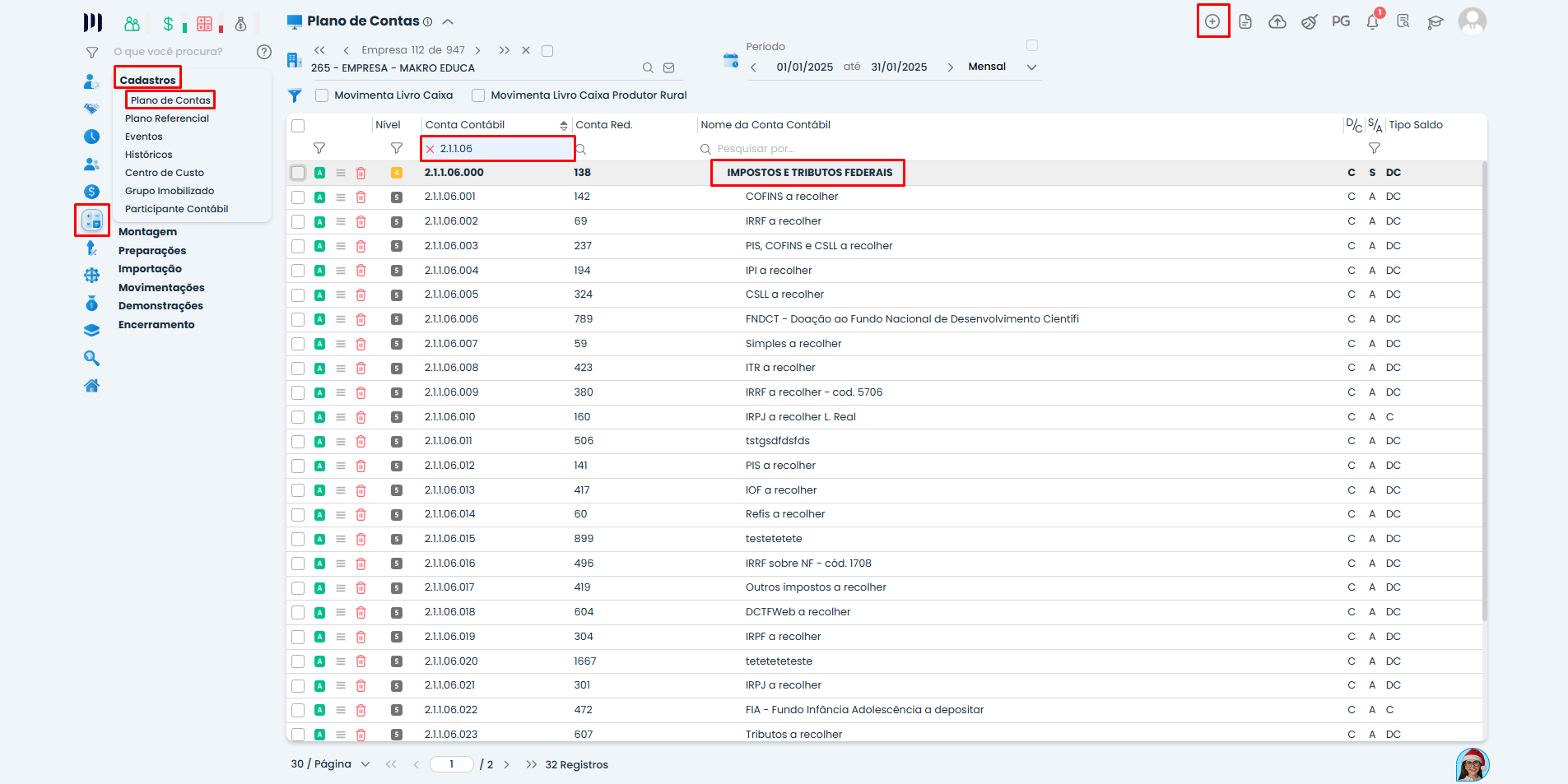 Tela do Plano de Contas no Sistema Contábil Makro com destaque para o grupo Impostos e Tributos Federais, base da Unificação da DCTFWeb.