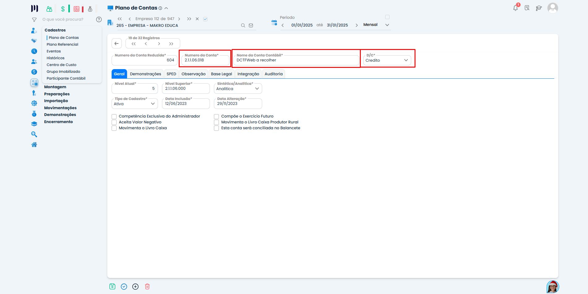 Cadastro da conta DCTFWeb a recolher no Sistema Contábil Makro, configurada para contabilizar INSS e IRRF após a Unificação da DCTFWeb.