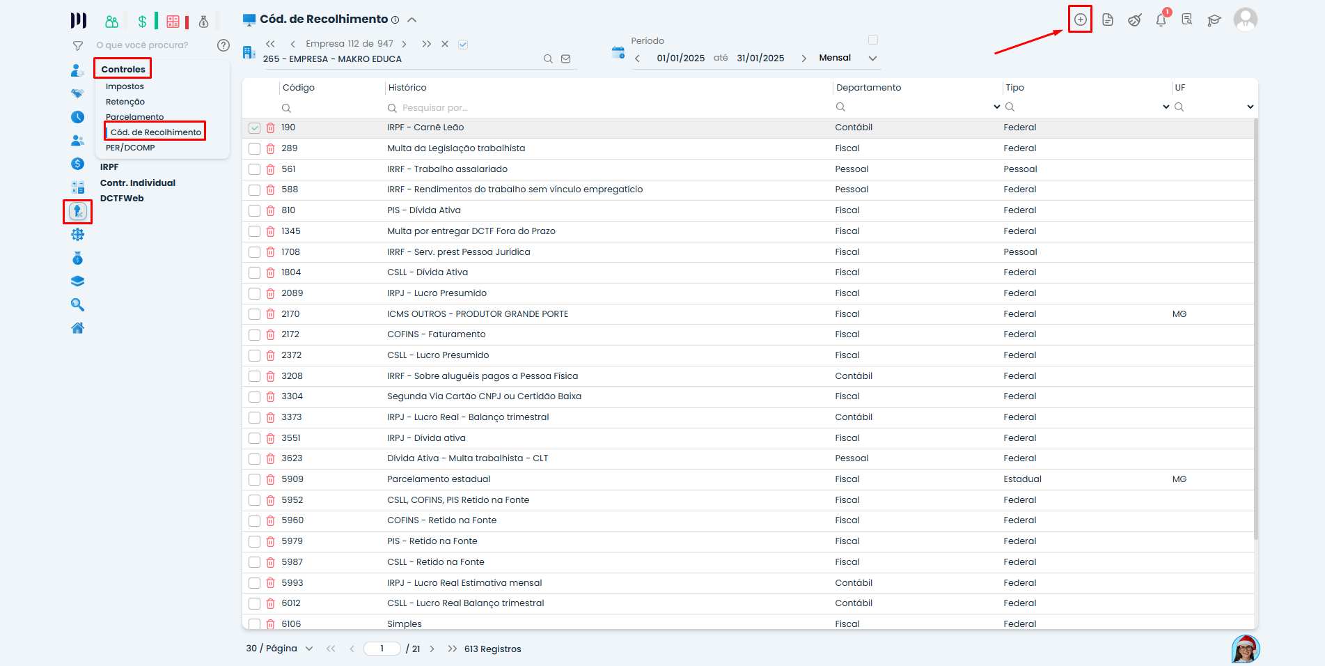 Tela de códigos de recolhimento no Sistema Contábil Makro indicando o acesso ao cadastro do código 9991 da Unificação da DCTFWeb.