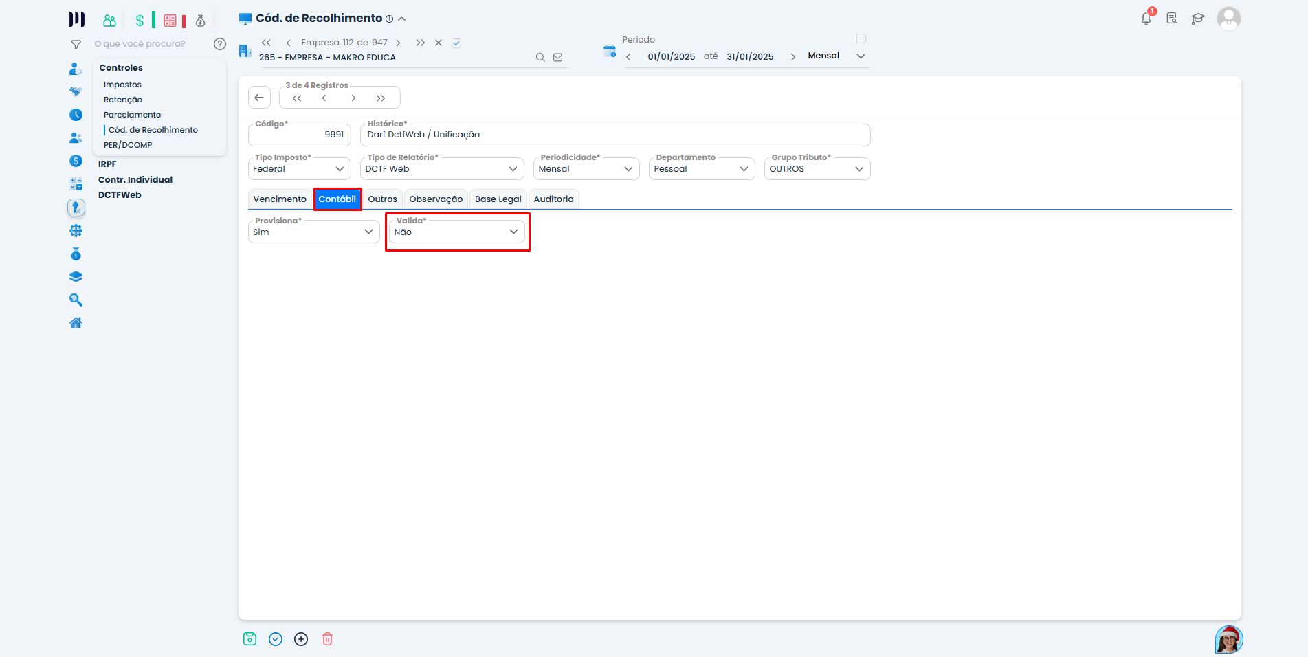 Configuração da aba Contábil no Sistema Contábil Makro com o campo Valida definido como Não, exigência da Unificação da DCTFWeb.
