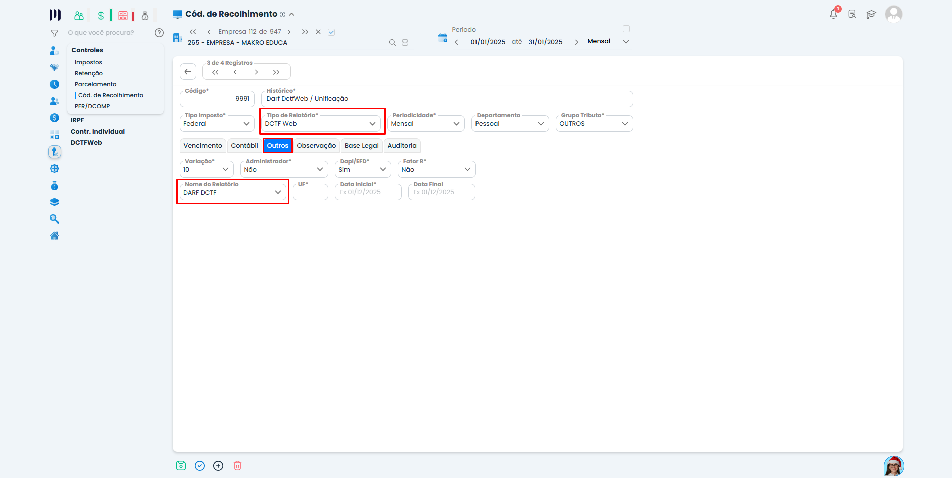 Aba Outros do código 9991 no Sistema Contábil Makro com tipo de relatório DCTF Web e nome DARF DCTF na Unificação da DCTFWeb.