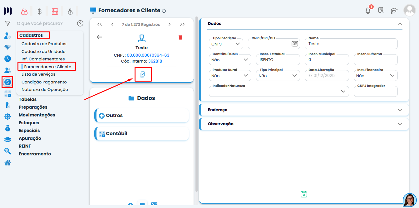 Tela do Sistema Contábil Makro em Cadastro de Fornecedores e Clientes com menu Fiscal aberto e opção Fornecedores e Clientes destacada.