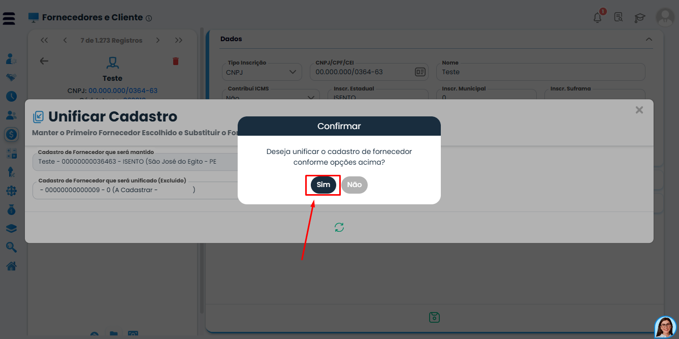 Pop-up de confirmação no Sistema Contábil Makro para Cadastro de Fornecedores e Clientes solicitando confirmação da unificação.