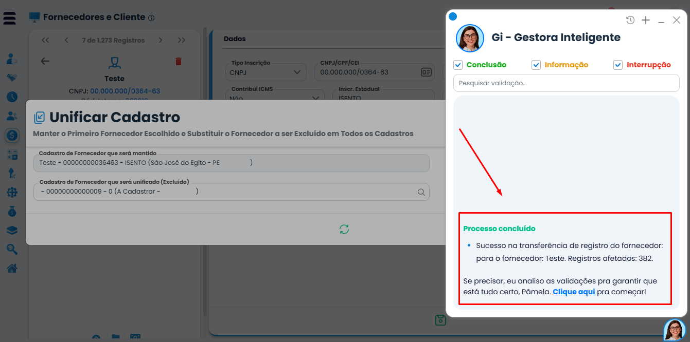 Mensagem de processo concluído no Sistema Contábil Makro após unificação no Cadastro de Fornecedores e Clientes com sucesso.