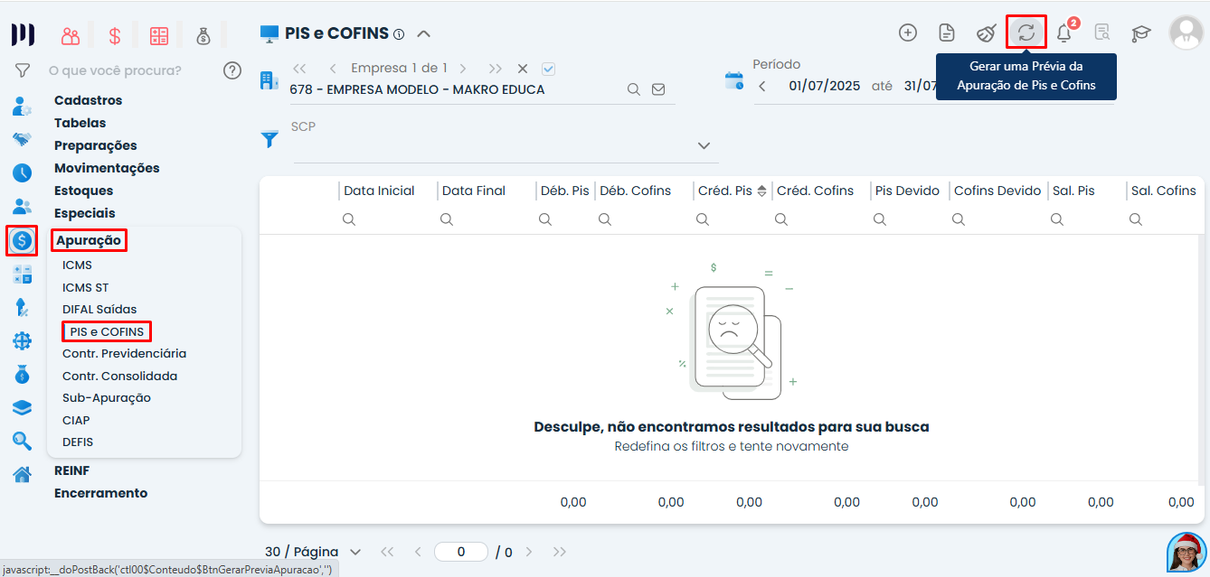 Tela de apuração de PIS e COFINS no Sistema Contábil Makro com menu Fiscal destacado e opção Gerar Prévia selecionada.