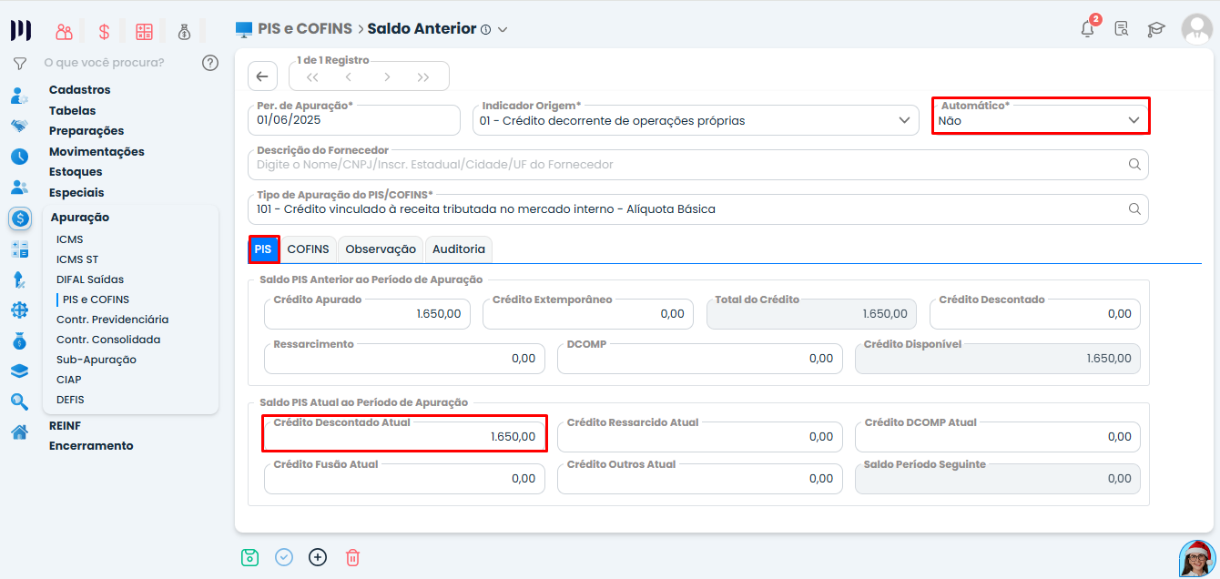 Tela de saldo anterior de PIS e COFINS no Sistema Contábil Makro com campo Automático alterado para Não e crédito descontado preenchido.