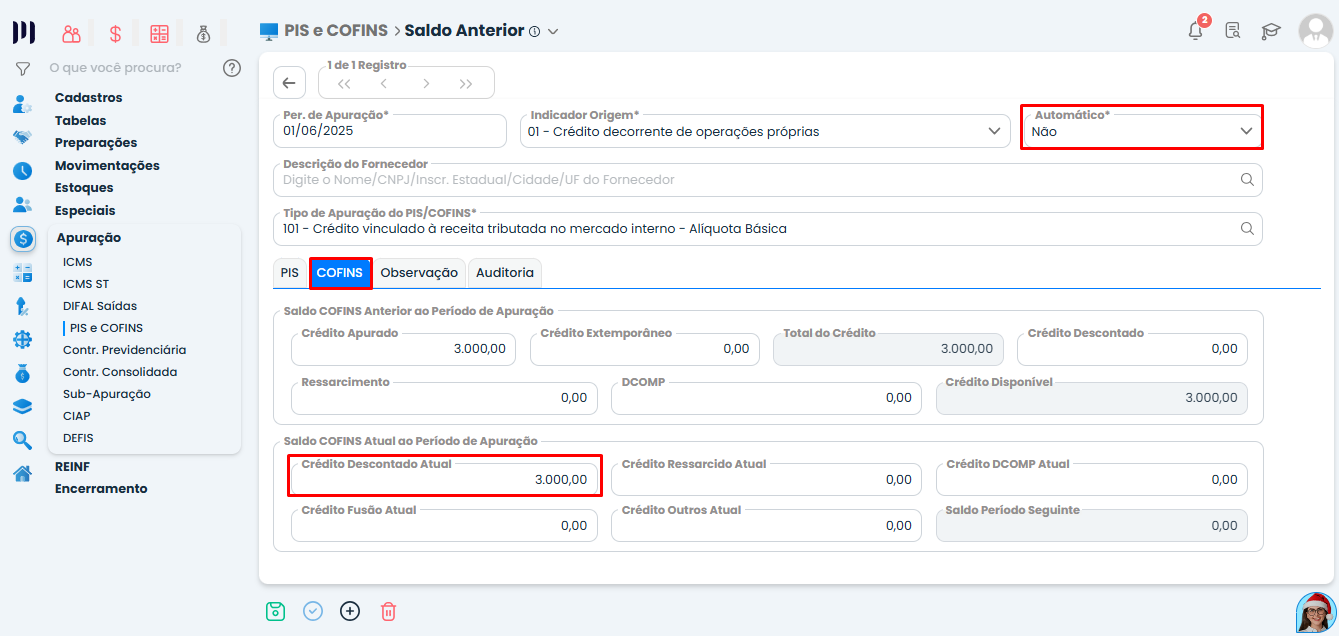 Tela de saldo anterior de COFINS no Sistema Contábil Makro com crédito descontado atual informado na aba COFINS.