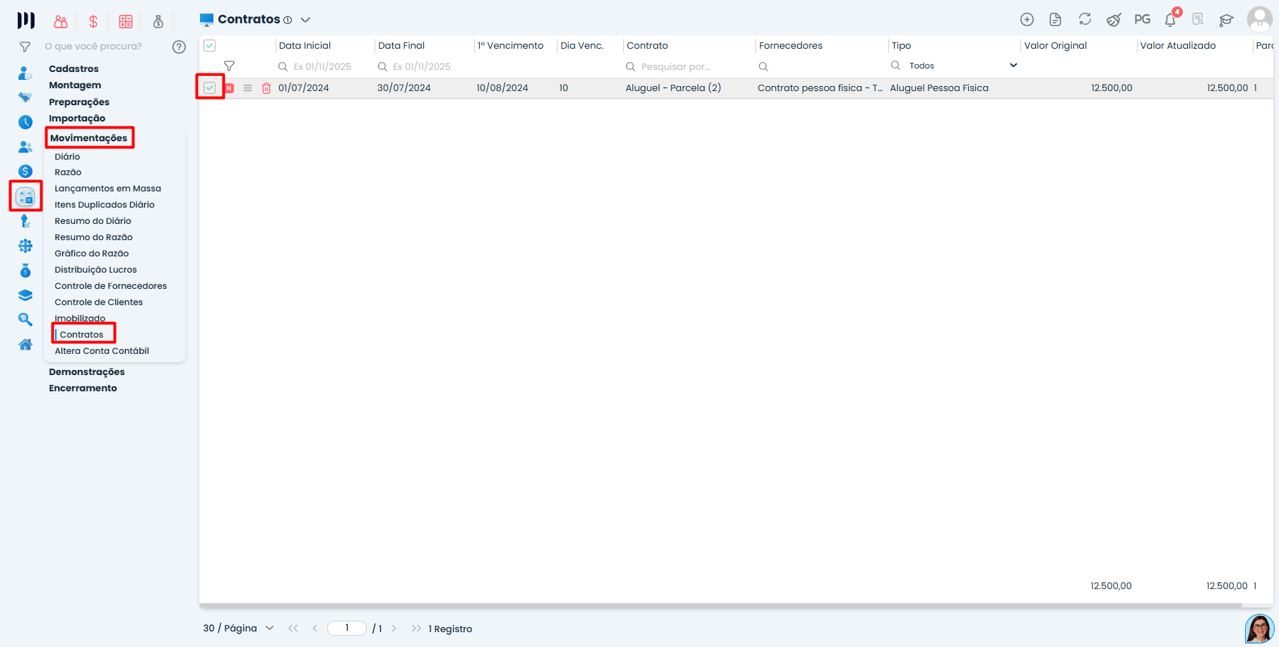 Tela de Contratos de aluguel no Sistema Contábil Makro com caixa de seleção marcada em Movimentações > Contratos para replicação mensal.Tela de Contratos de aluguel no Sistema Contábil Makro com caixa de seleção marcada em Movimentações > Contratos para replicação mensal.