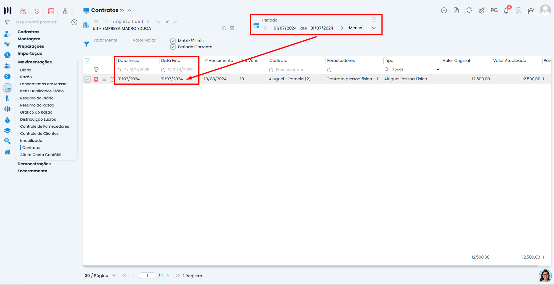 Tela de Contratos de aluguel no Sistema Contábil Makro exibindo Data Inicial e Data Final preenchidas corretamente para replicação mensal.