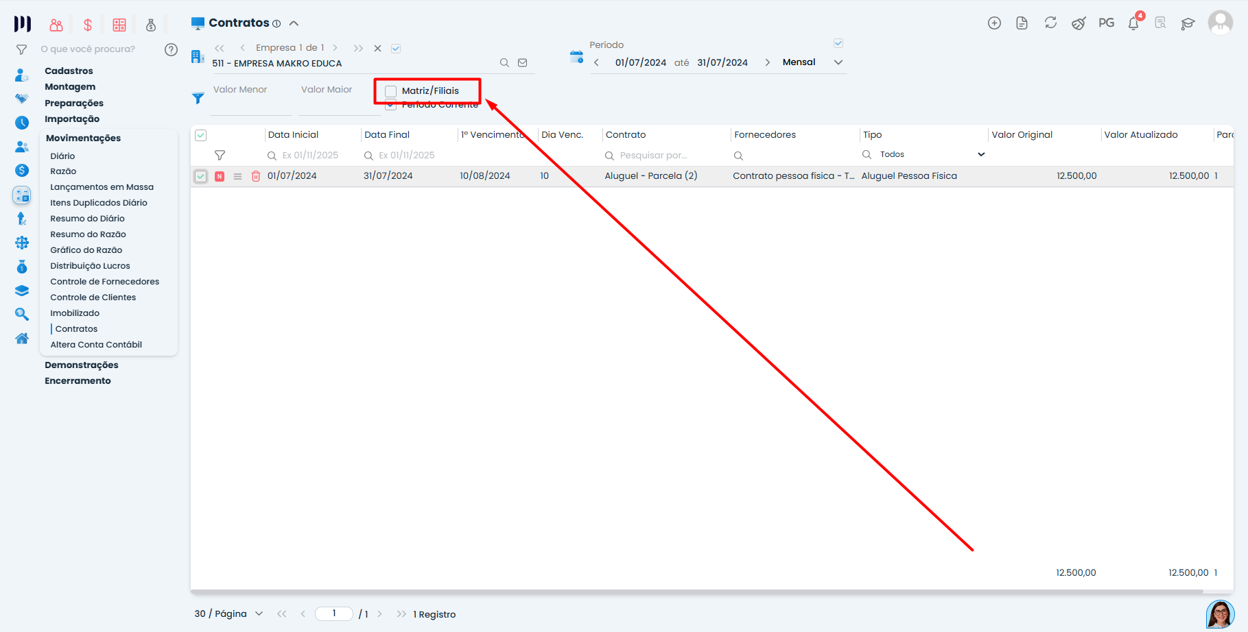 Tela de Contratos de aluguel no Sistema Contábil Makro com filtro Matriz/Filiais destacado para desmarcar antes da replicação.