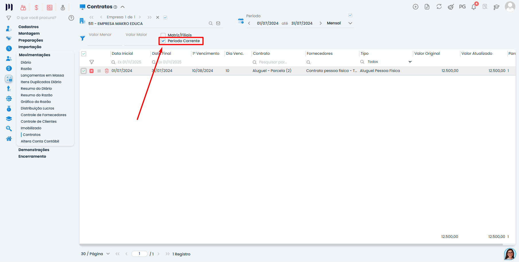 Tela de contratos no Sistema Contábil Makro com filtro Período Corrente destacado para replicação de Contratos de aluguel - Parte 2.
