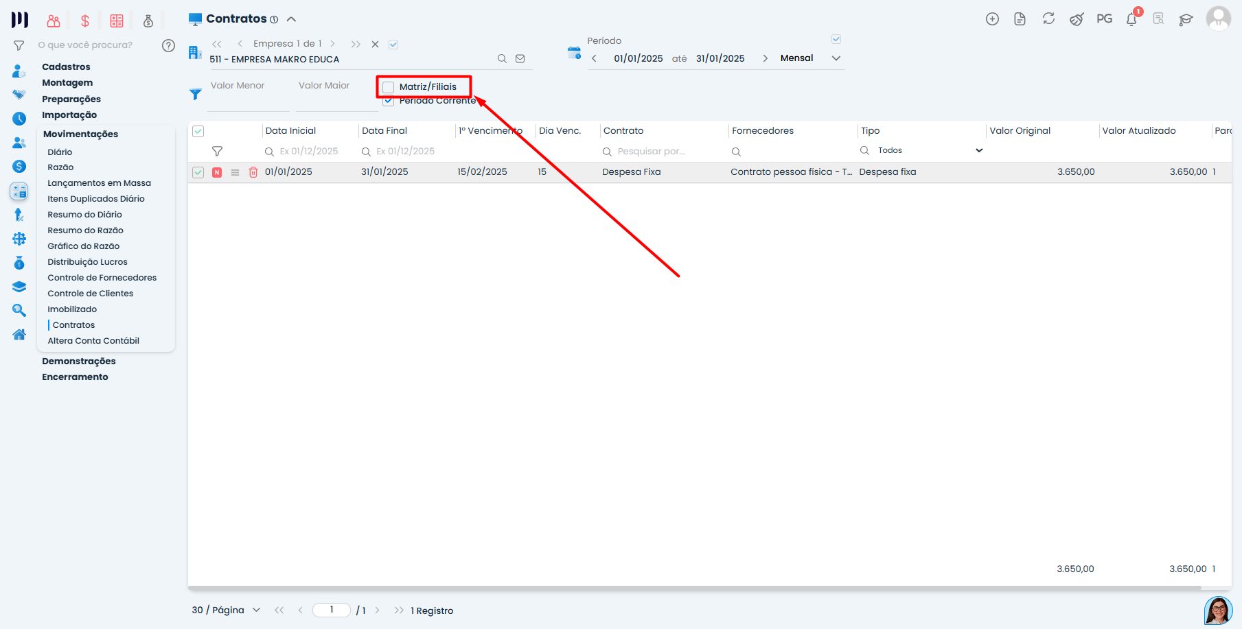Filtro Matriz/Filiais destacado no Sistema Contábil Makro para corrigir erro ao replicar contratos de despesa fixa.