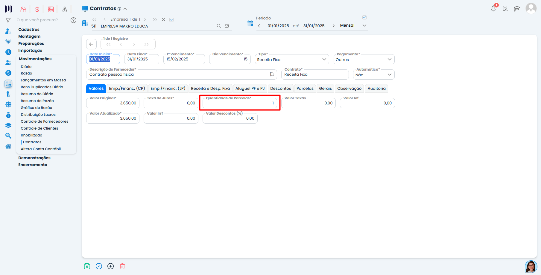Tela de edição de contrato no Sistema Contábil Makro com campo Quantidade de Parcelas igual a 1 na Receita fixa - Parte 2.