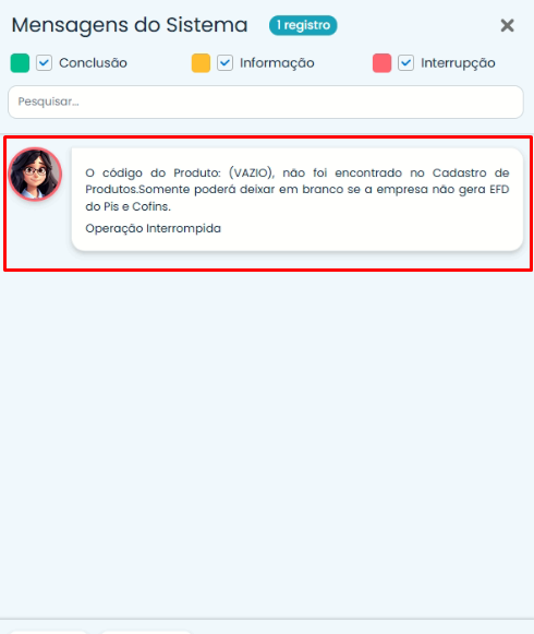 Mensagem de validação de Produto Vazio no Sistema Contábil Makro exibindo alerta de código não encontrado e operação interrompida.