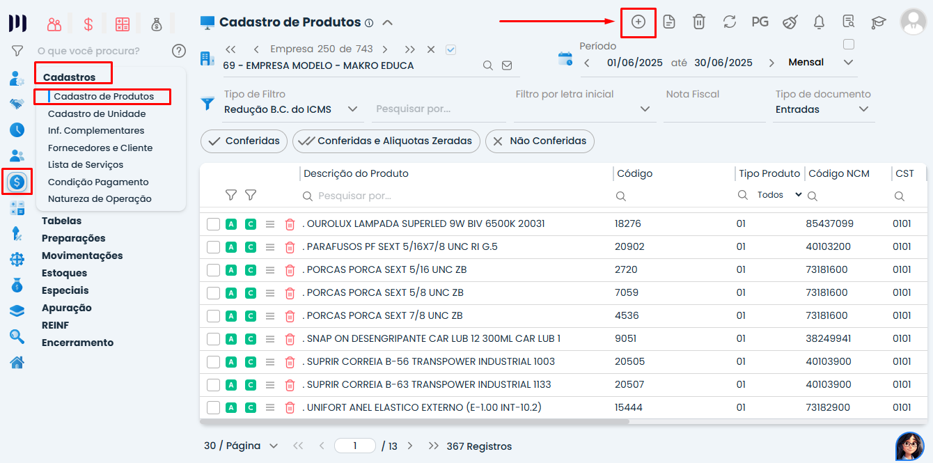 Tela de Cadastro de Produtos no Sistema Contábil Makro com menu Fiscal destacado para corrigir erro de Produto Vazio na nota fiscal.
