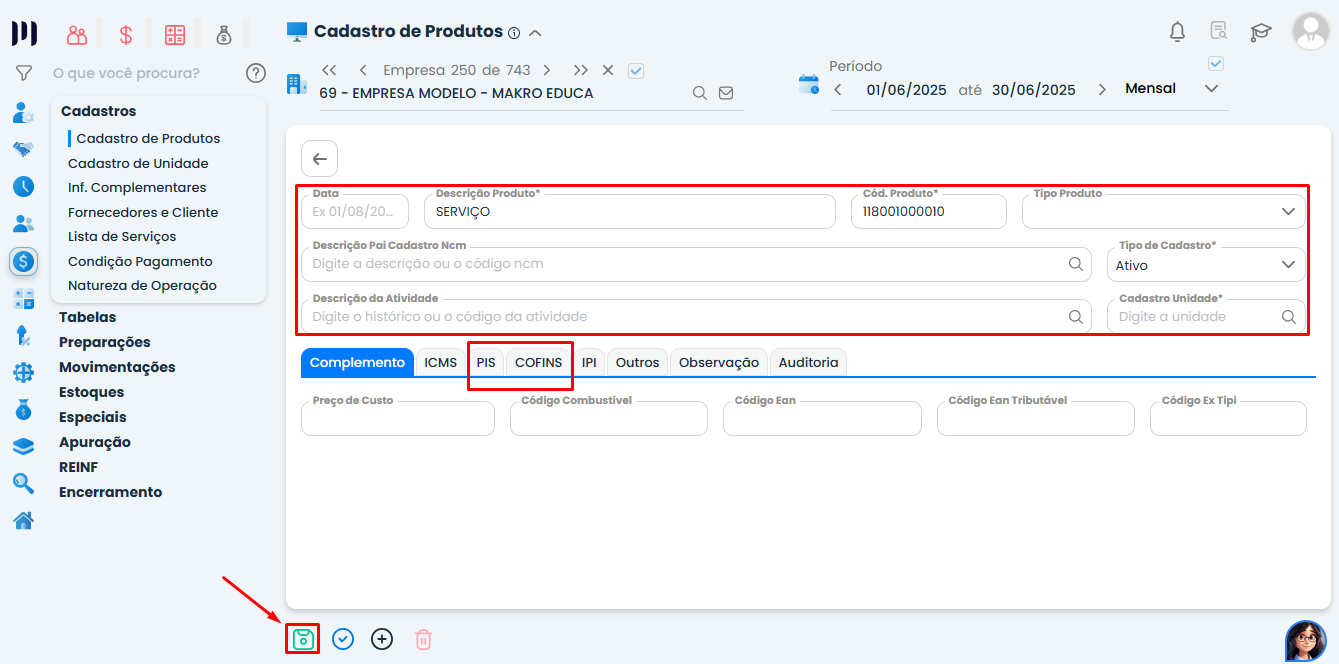 Tela de inclusão de serviço no Sistema Contábil Makro com abas PIS e COFINS destacadas para corrigir erro de Produto Vazio.