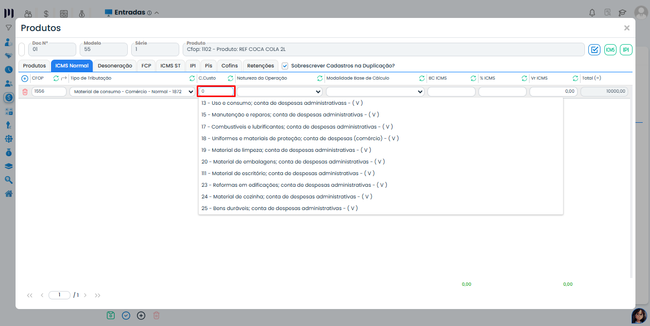 Tela do Sistema Contábil Makro na aba ICMS Normal destacando o campo C.Custo vazio, relacionada à Validação Centro de Custo no cadastro da nota fiscal.