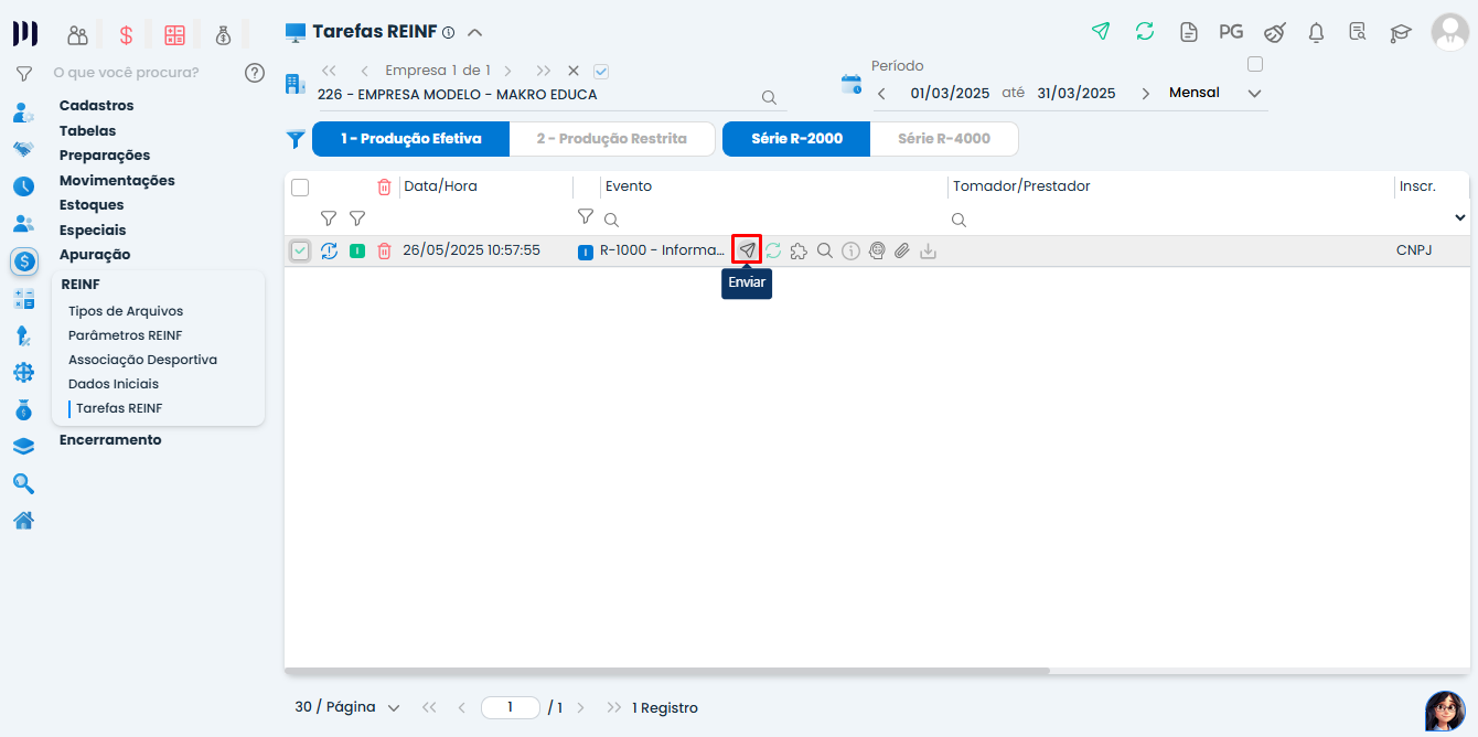 Painel do Sistema Contábil Makro com opção Enviar do evento R-1000 na REINF, etapa essencial para concluir a Validação.