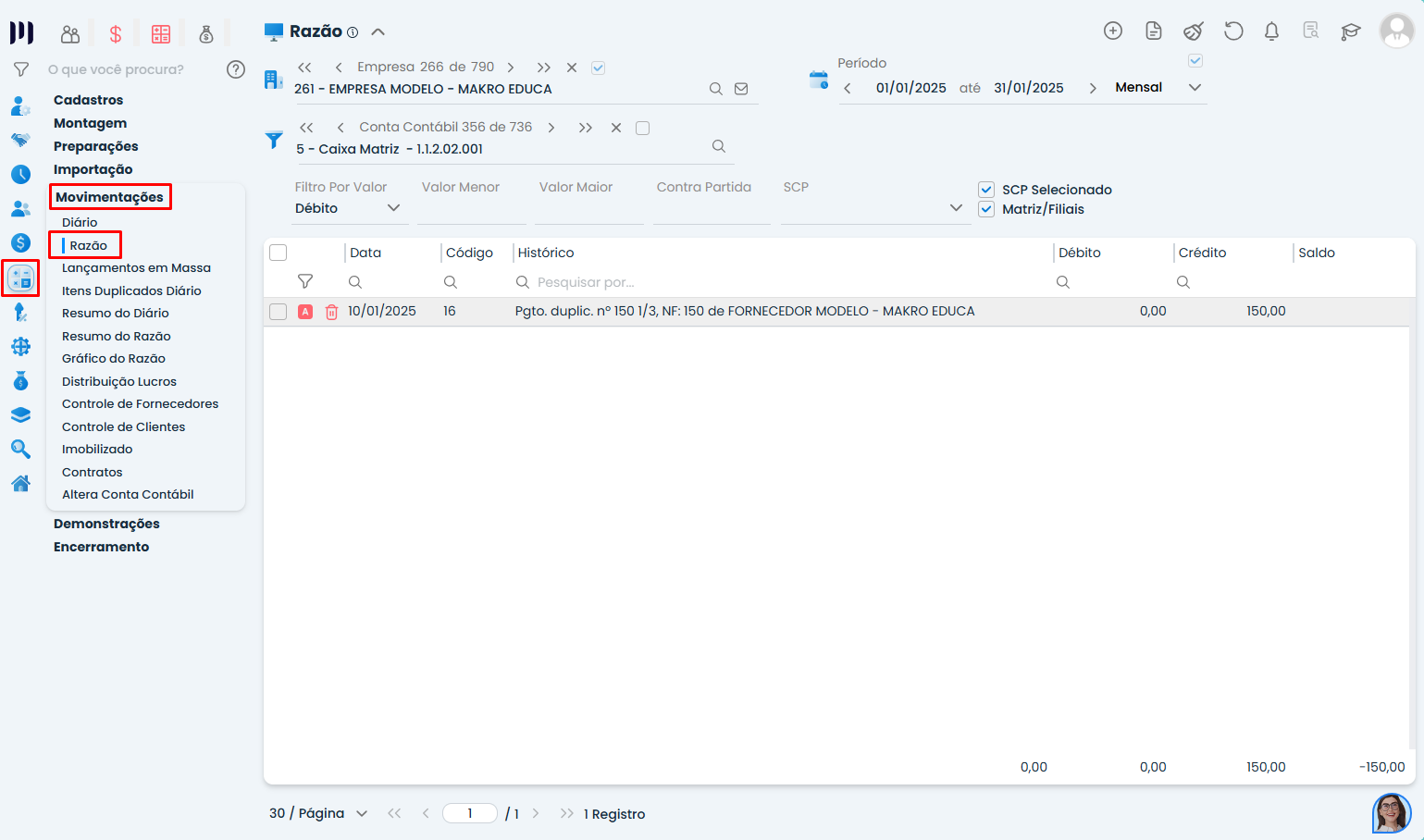 Tela do Razão no Sistema Contábil Makro com menu Contábil > Movimentações > Razão destacado para validar Caixa Negativo.