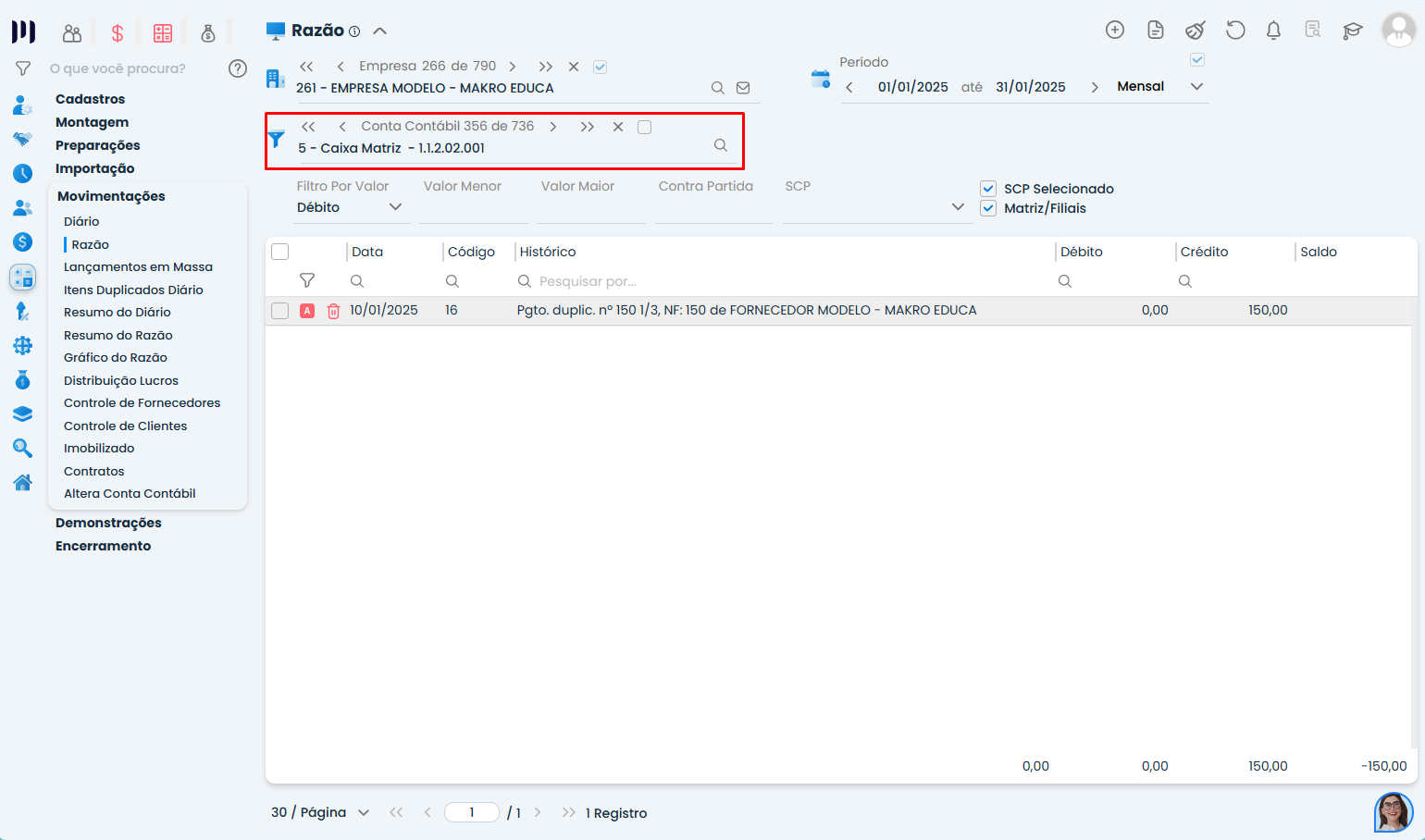 Tela do Razão no Sistema Contábil Makro com campo de busca da conta Caixa Matriz destacado para conferência de Caixa Negativo.