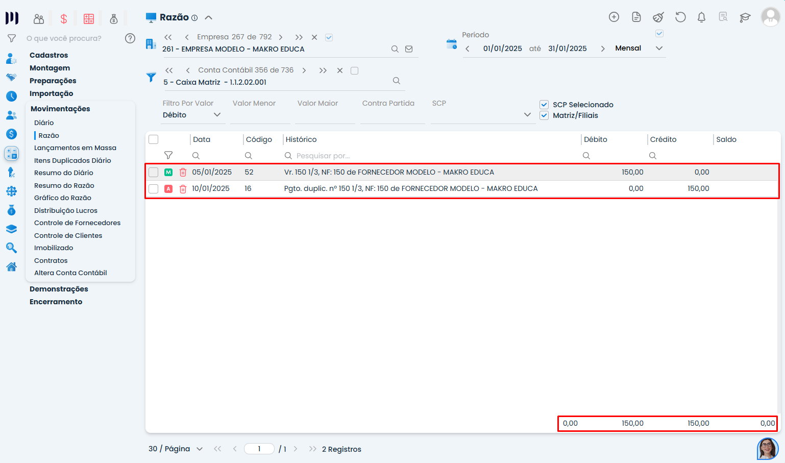 Lançamentos detalhados no Razão do Sistema Contábil Makro exibindo saldo ajustado após correção de Caixa Negativo.