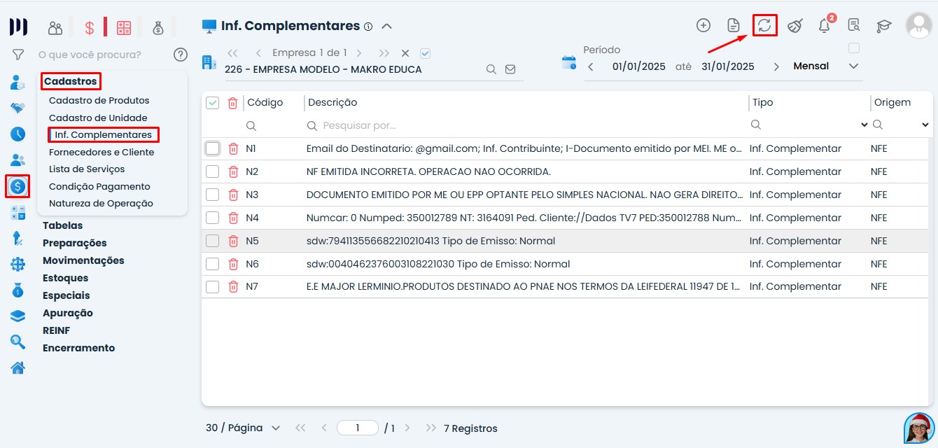 Tela de reordenação de cadastro no Sistema Contábil Makro para Validação SPED FISCAL, exibindo menu Fiscal, Inf. Complementares e botão de atualizar.