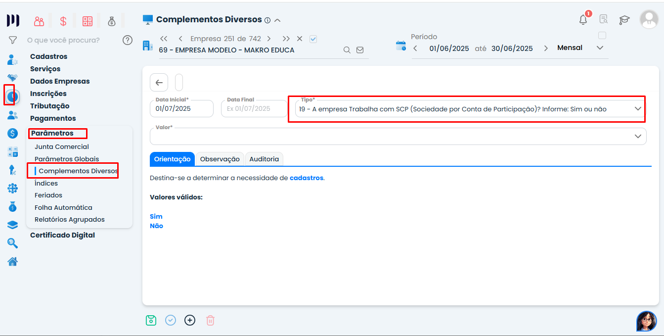 Tela de Complementos Diversos no Sistema Contábil Makro com campo 19 Empresa com SCP destacado para ativar a Vinculação de SCP.