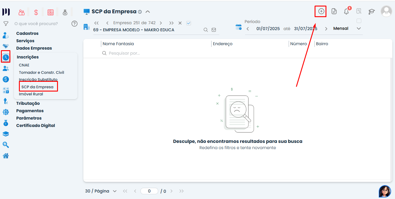 Menu Inscrições com opção SCP da Empresa destacada no Sistema Contábil Makro durante processo de Vinculação de SCP.