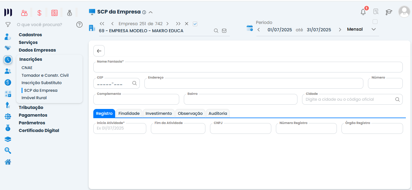 Tela de cadastro SCP da Empresa no Sistema Contábil Makro com campos de registro e CNPJ para Vinculação de SCP.
