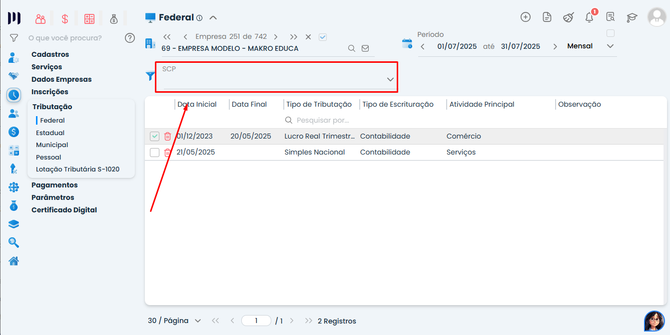 Tela de Tributação Federal com filtro SCP selecionado no Sistema Contábil Makro para configurar Vinculação de SCP.
