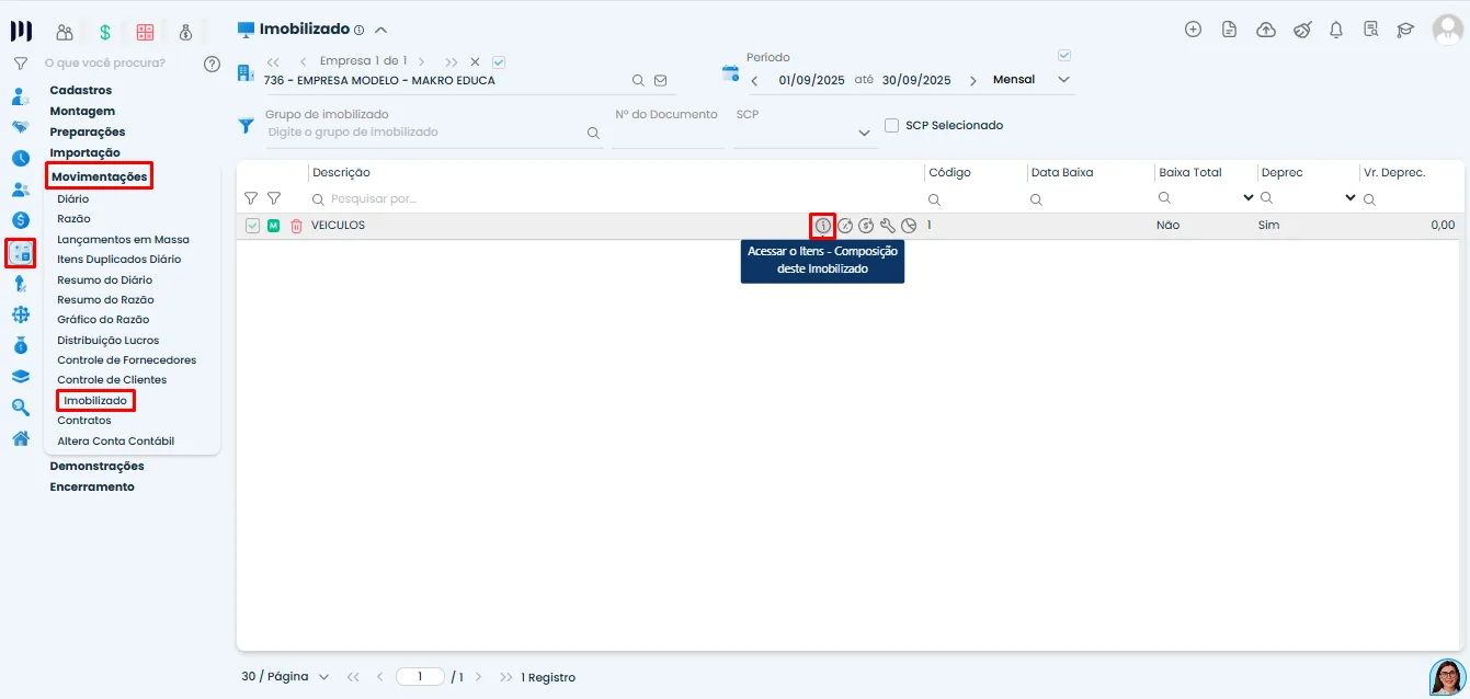 Tela do Sistema Contábil Makro com acesso ao menu Contábil, Movimentações e Imobilizado, destacando o caminho para corrigir erro da EFD Fiscal.