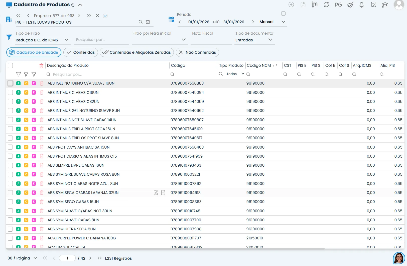 Tela de Cadastro de Produtos no Sistema Contábil Makro, exibindo lista de itens com NCM, CST e filtros fiscais usados na Integração do IMendes.