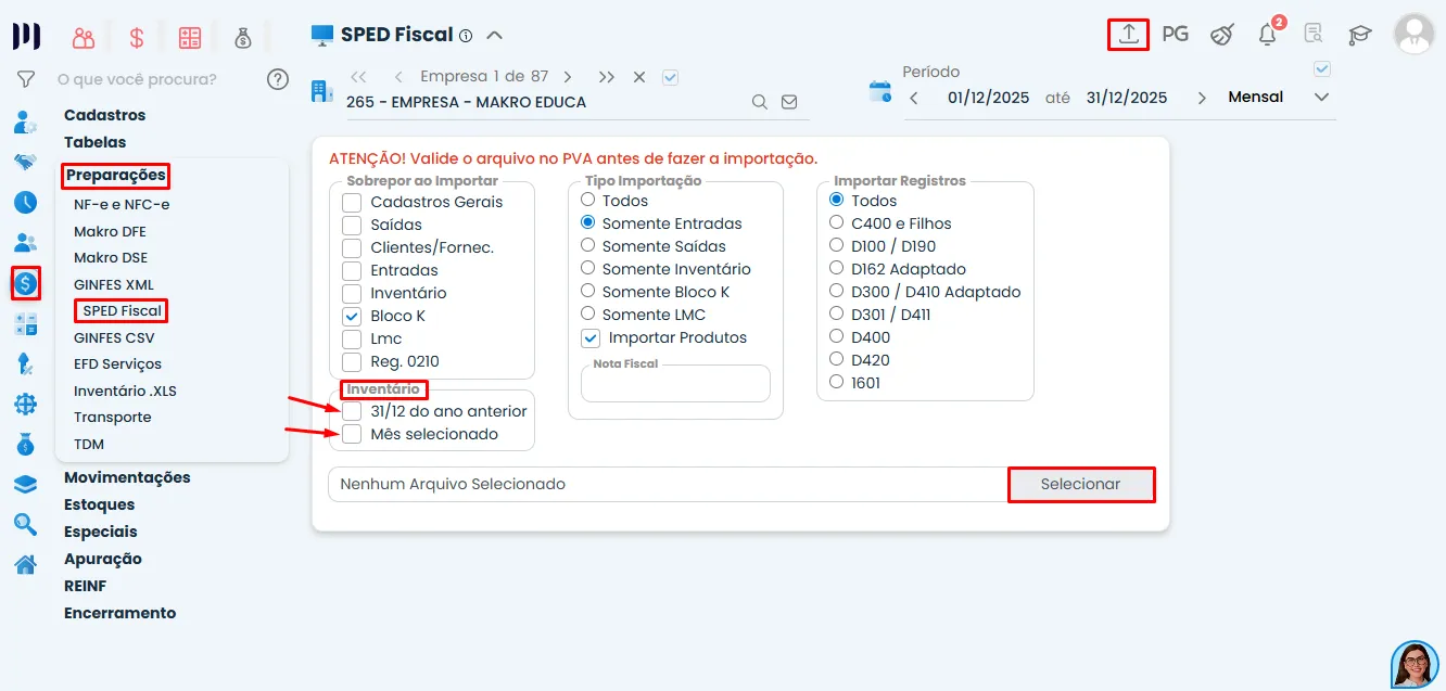 Tela do Sistema Contábil Makro exibindo a importação de inventário pelo SPED Fiscal, com menu SPED Fiscal, opção Inventário e período 31/12 do ano anterior selecionado.