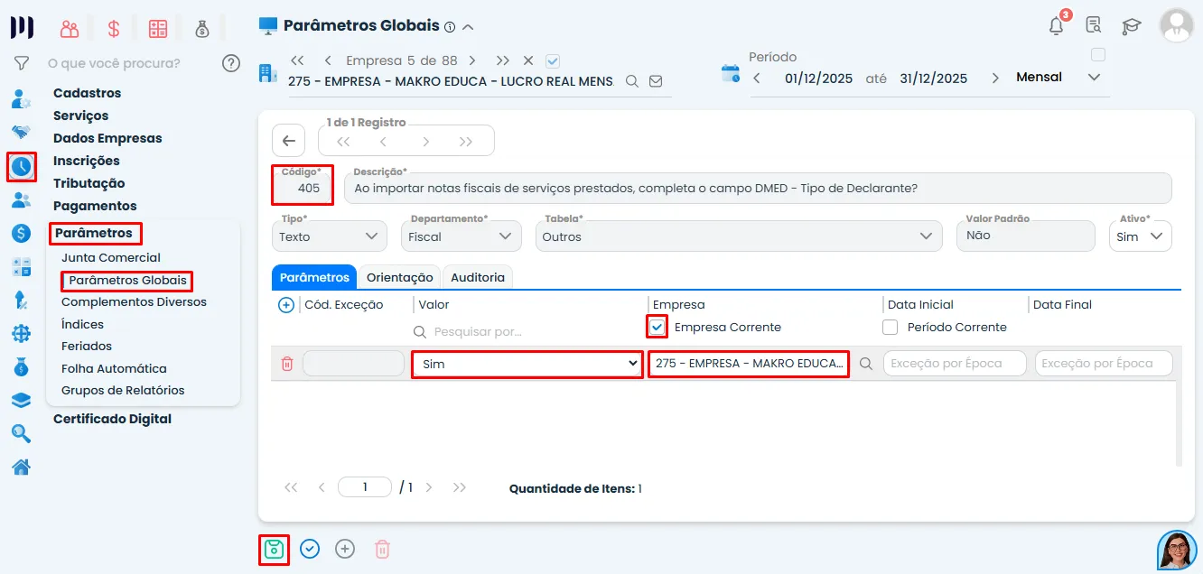 Tela de Parâmetros Globais do Sistema Contábil Makro com o código 405 configurado como Sim para empresa corrente, garantindo preenchimento automático da DMED.