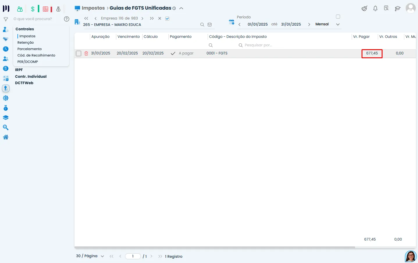 Guia de FGTS Unificada no Sistema Contábil Makro após ajuste de arredondamento, exibindo a diferença entre o valor da guia de FGTS corrigido.