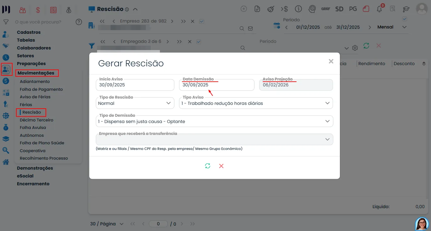 Tela de gerar rescisão no Sistema Contábil Makro com campos Data da Demissão e Aviso Projeção ajustados para aviso projeção como trabalhado.