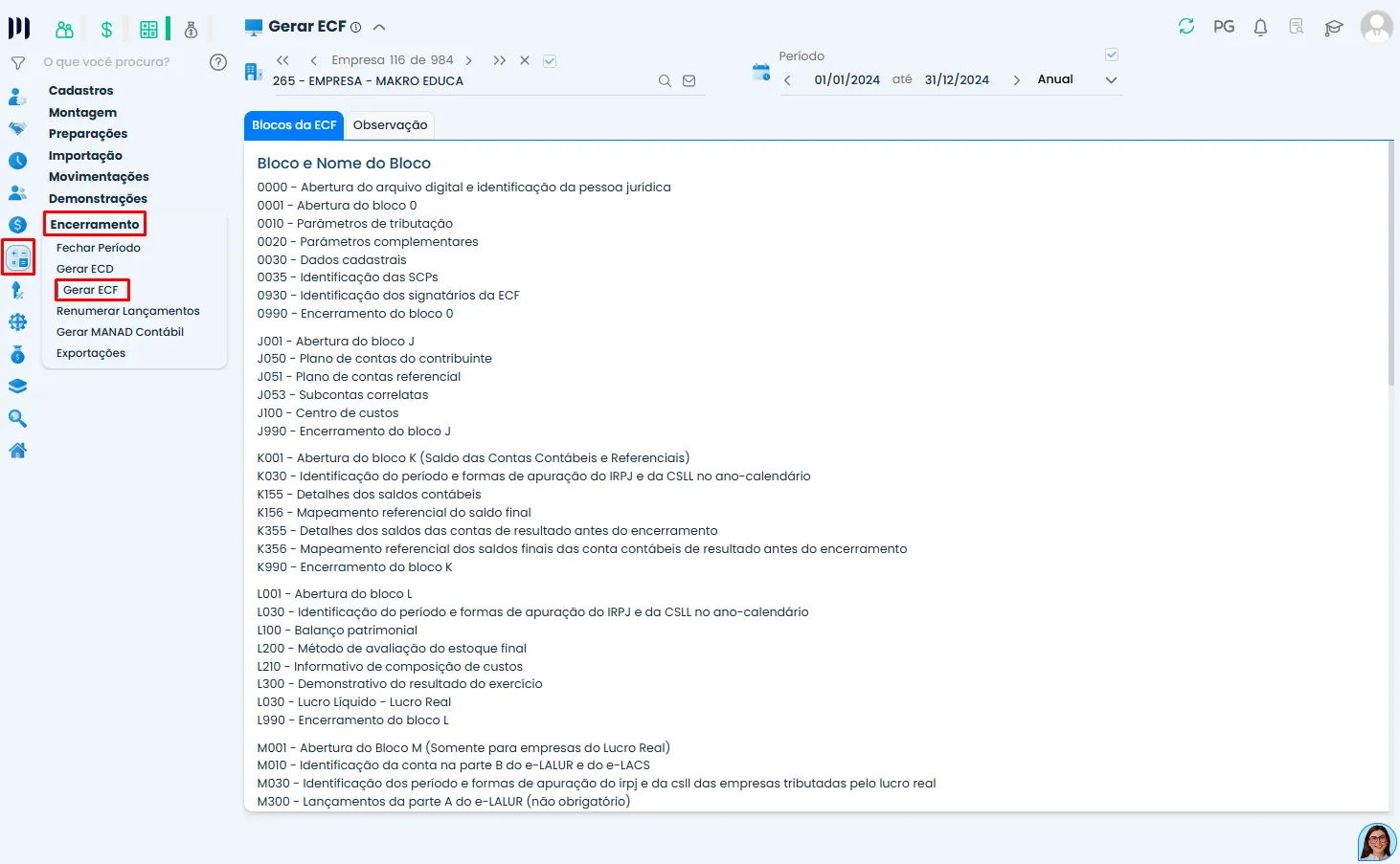 Tela Gerar ECF no Sistema Contábil Makro com menu Encerramento destacado para emissão da Escrituração Contábil anual.