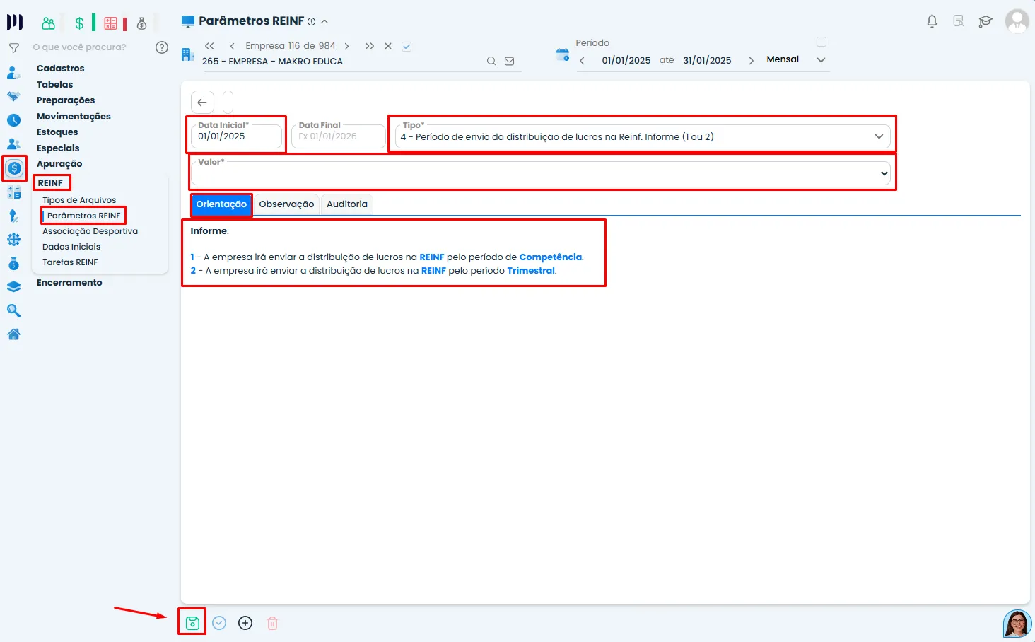 Configuração dos parâmetros da REINF no Sistema Contábil Makro com definição de período e tipo de envio para Lucros pela REINF.