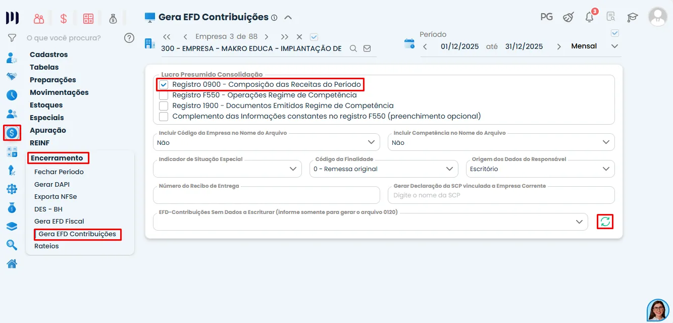 Tela do Sistema Contábil Makro exibindo a geração de EFD Contribuições em atraso, com destaque para o Registro 0900 na composição das receitas do período.