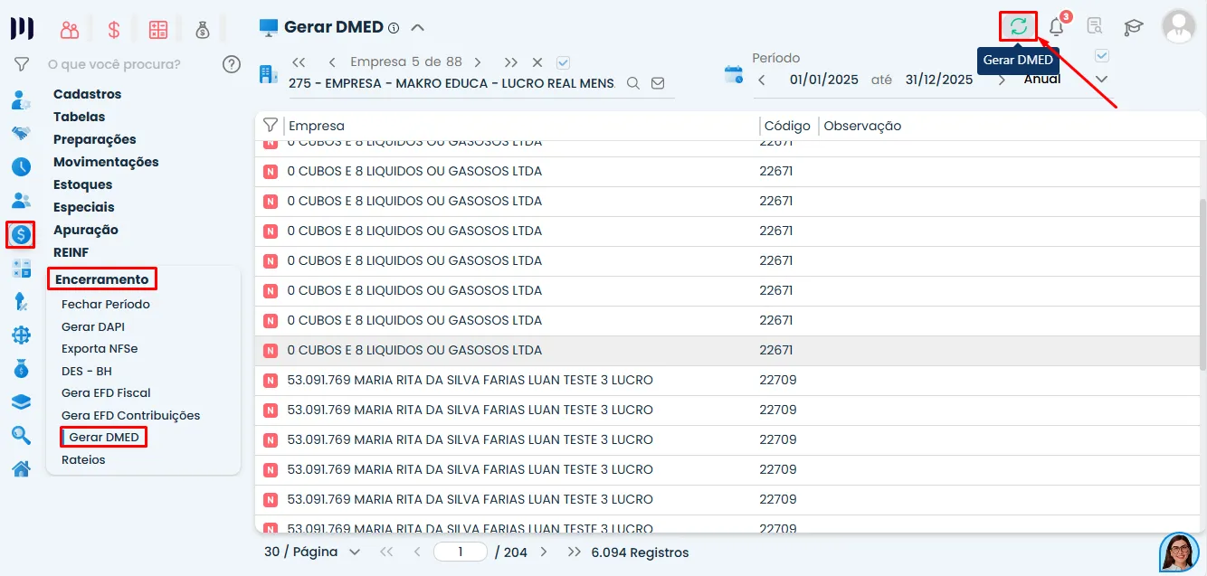 Tela de geração da DMED no Sistema Contábil Makro exibindo a listagem de registros e o botão para gerar o arquivo anual da declaração.