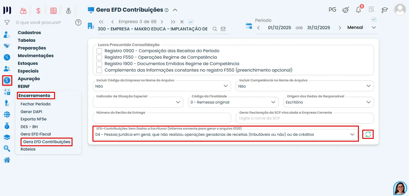 Tela do Sistema Contábil Makro mostrando o menu Encerramento com a opção EFD Contribuições Sem Dados a Escriturar selecionada para gerar o arquivo sem movimento.