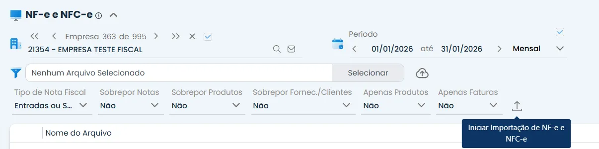 Tela do Sistema Contábil Makro mostrando arquivo XML carregado e botão Iniciar Importação de NF-e e NFC-e usado na Importação de NFCom (62).
