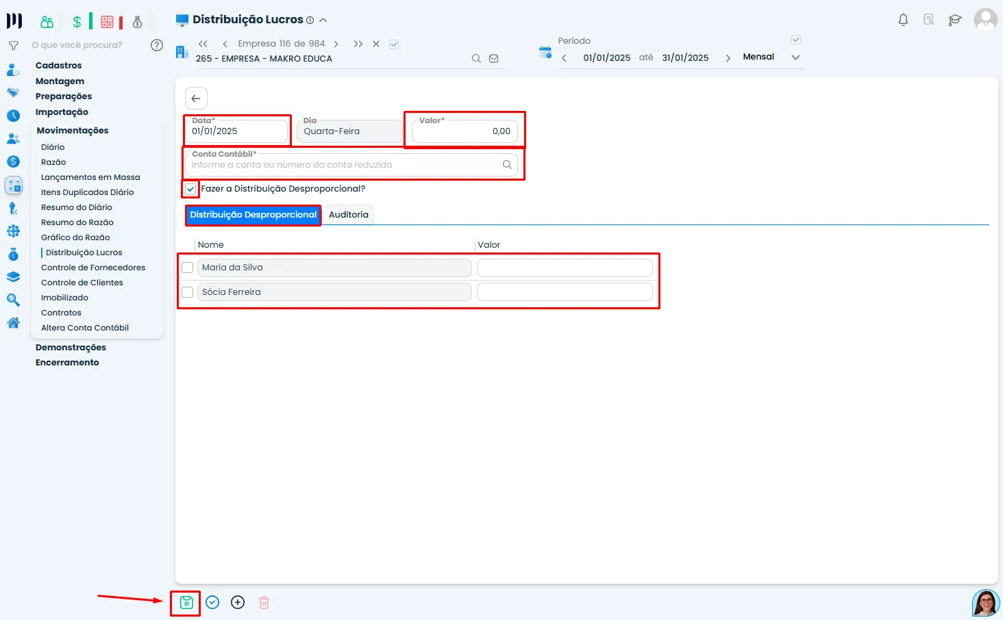 Tela de distribuição de lucros no Sistema Contábil Makro com campos de valor, conta contábil e sócios beneficiados para Lucros pela REINF.