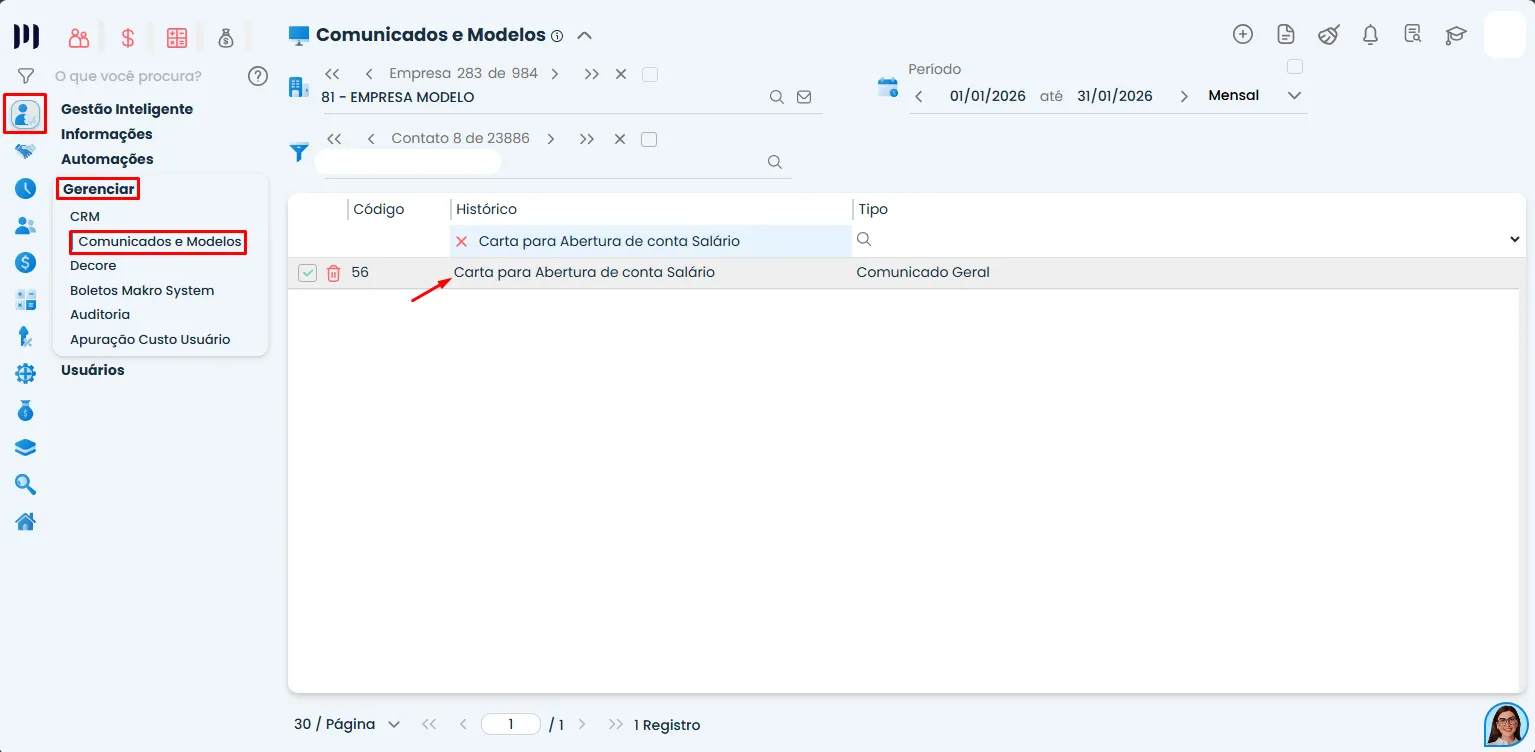 Tela do Sistema Contábil Makro em Gerenciar > Comunicados e Modelos para Editar texto de um relatório, com menu lateral destacado.